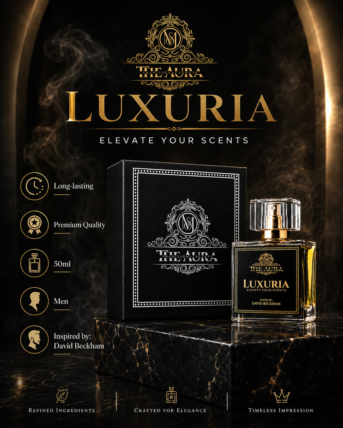 Luxuria perfume bottle and packaging on a dark background with smoke effects