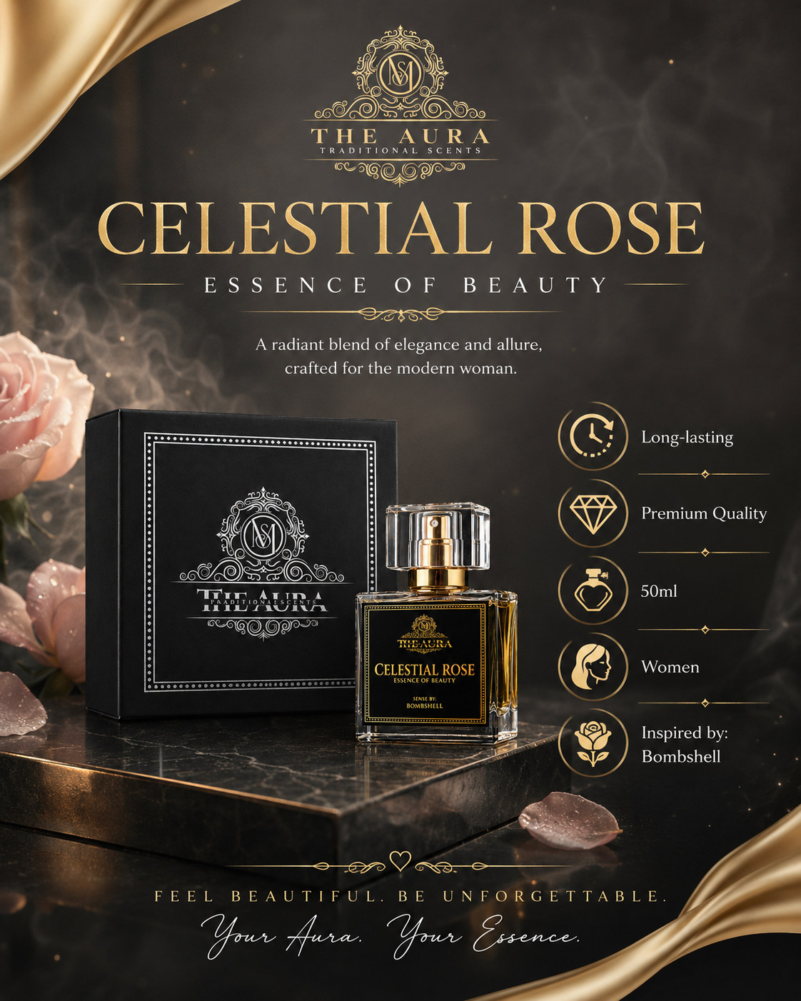Perfume bottle and packaging of 'Celestial Rose' by The Aura on a dark background with roses.