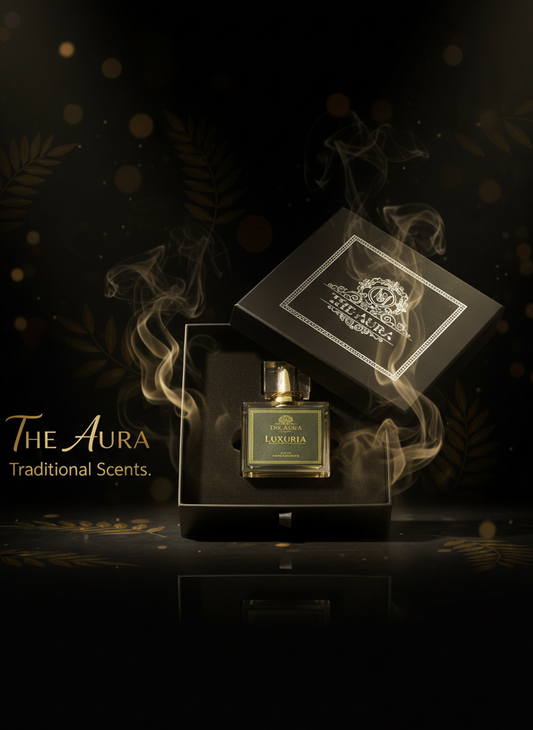 Perfume bottle with 'The Aura' branding on a dark background