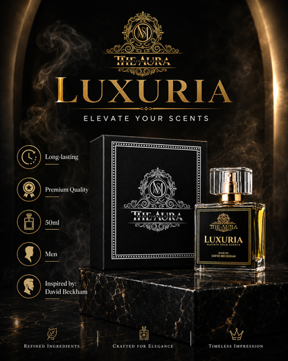 Luxuria perfume bottle and packaging on a dark background with smoke effects