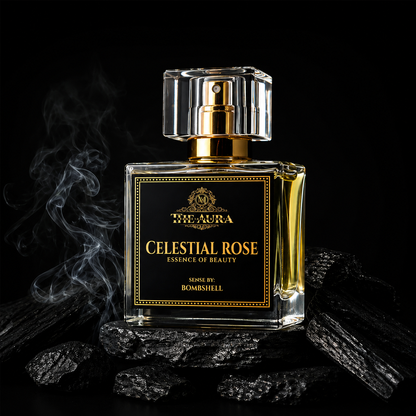 Perfume bottle labeled 'Celestial Rose' by 'The Aura' on a dark background with smoke effect.