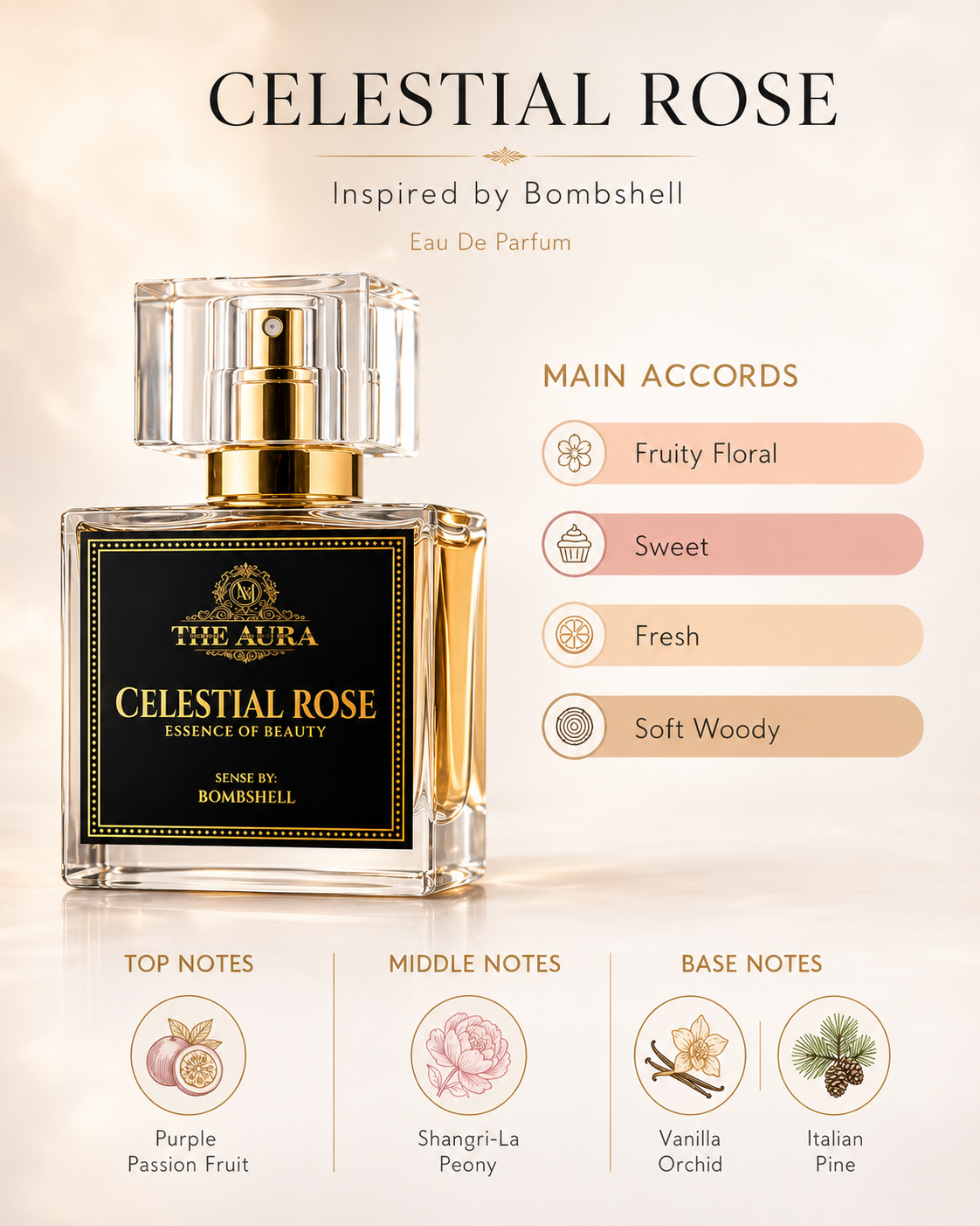 Perfume bottle labeled 'Celestial Rose' inspired by Bombshell with flavor profile on a beige background