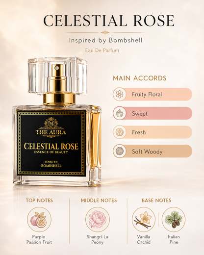 Perfume bottle labeled 'Celestial Rose' inspired by Bombshell with flavor profile on a beige background