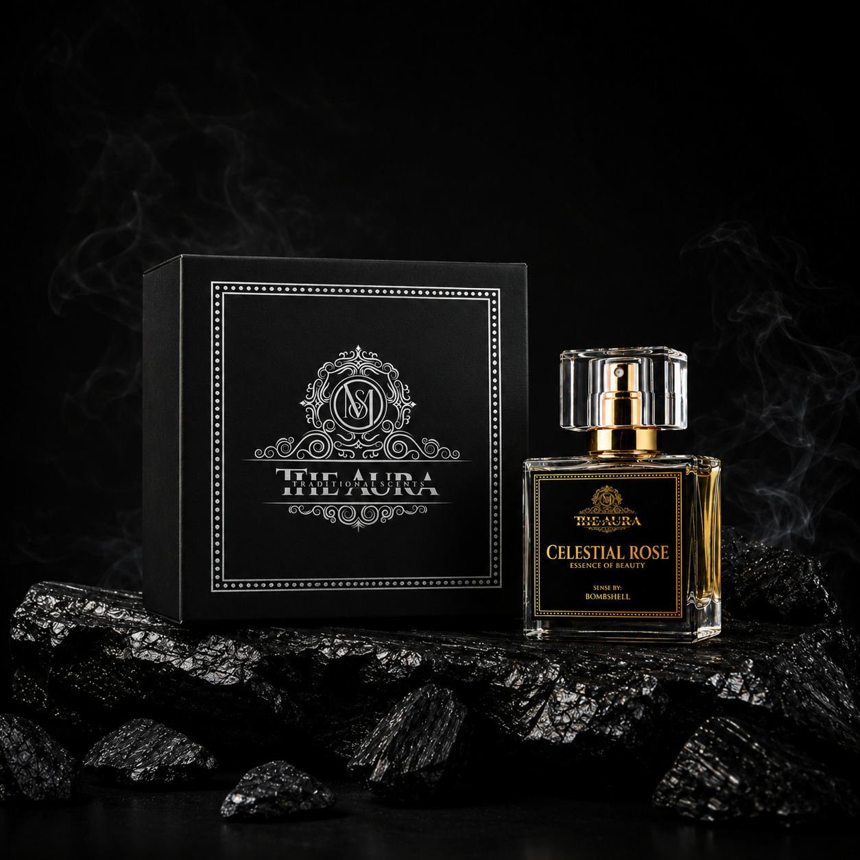 Perfume bottle and packaging with 'Celestial Rose' on a dark background