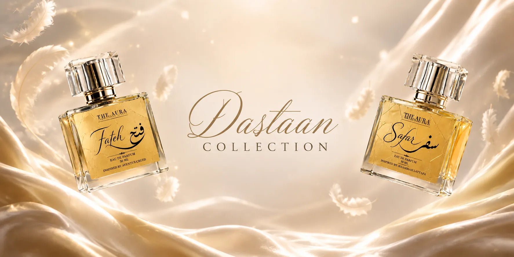 Two perfume bottles from the Dastaan Collection on a soft, light background