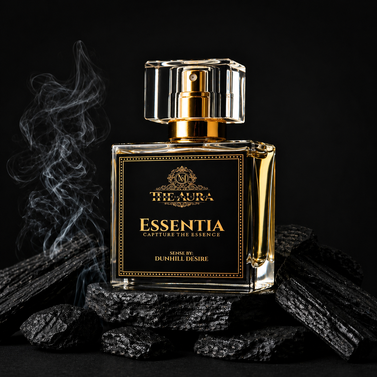 Perfume bottle labeled 'Essentia' by Dunhill Desire on a dark background with smoke effect.
