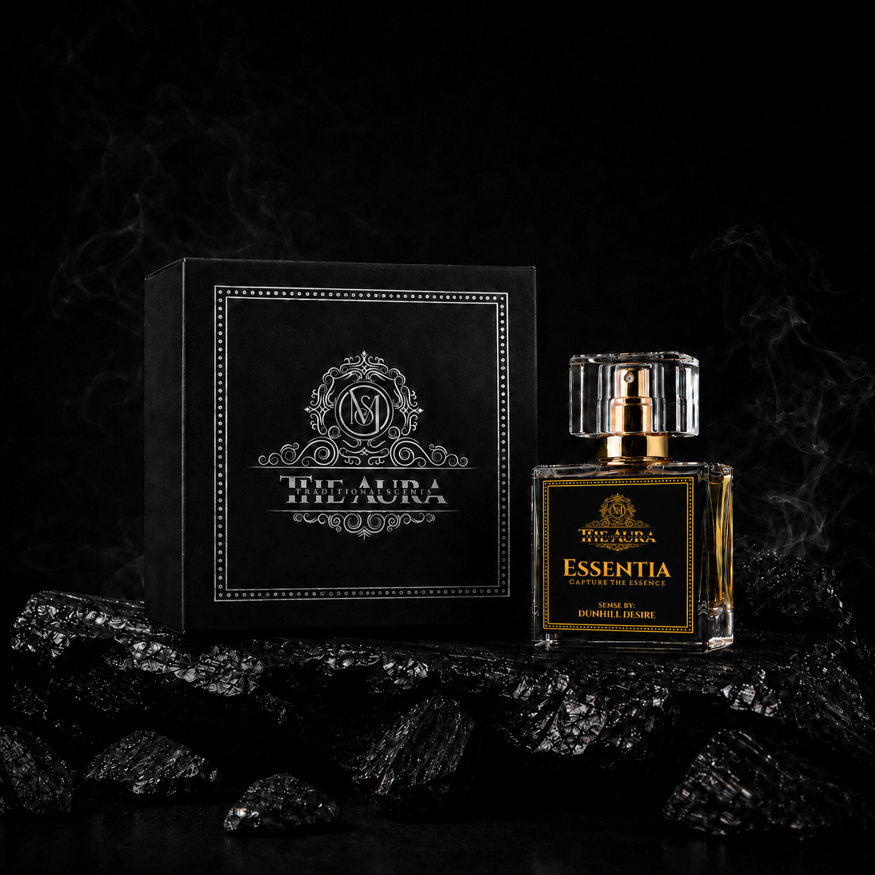 Perfume bottle and packaging with 'Essentia' branding on a dark background