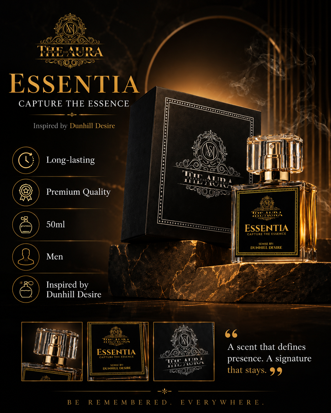 Essentia perfume bottle and packaging on a dark background with branding elements.