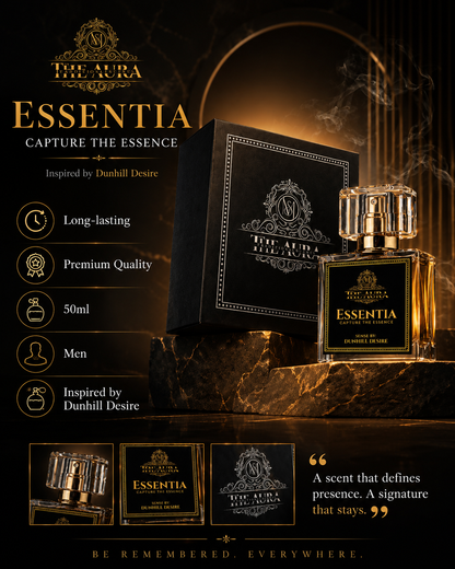 Essentia perfume bottle and packaging on a dark background with branding elements.