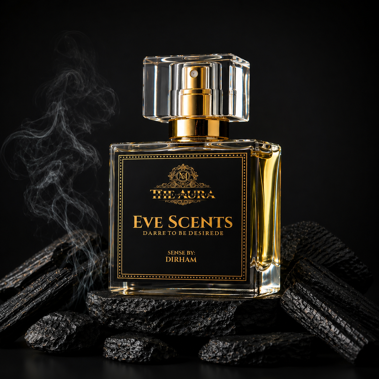 Perfume bottle with gold and black design on a dark background