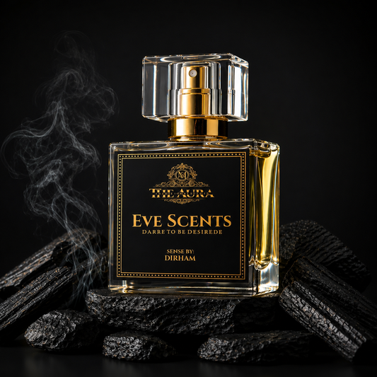 Perfume bottle with gold and black design on a dark background