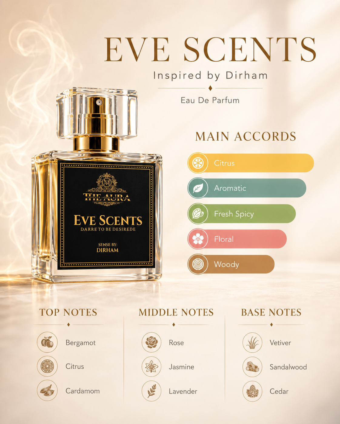 Eve Scents perfume bottle with flavor profile on a beige background