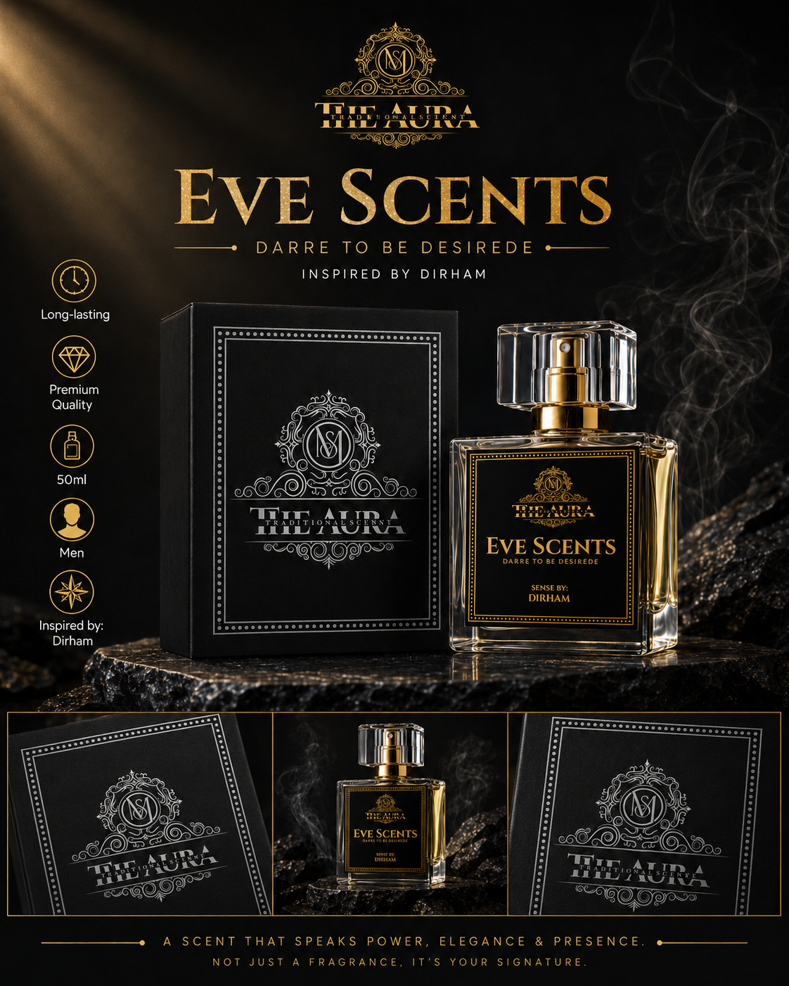 Eve Scents The Aura perfume bottle and packaging on a dark background