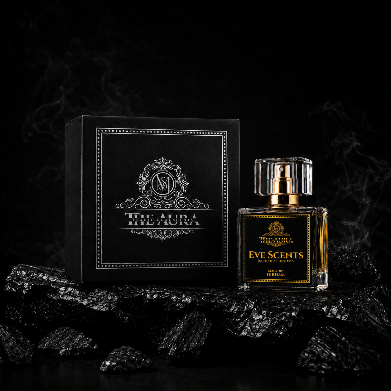 Perfume bottle and packaging with 'Eve Scents' branding on a dark background