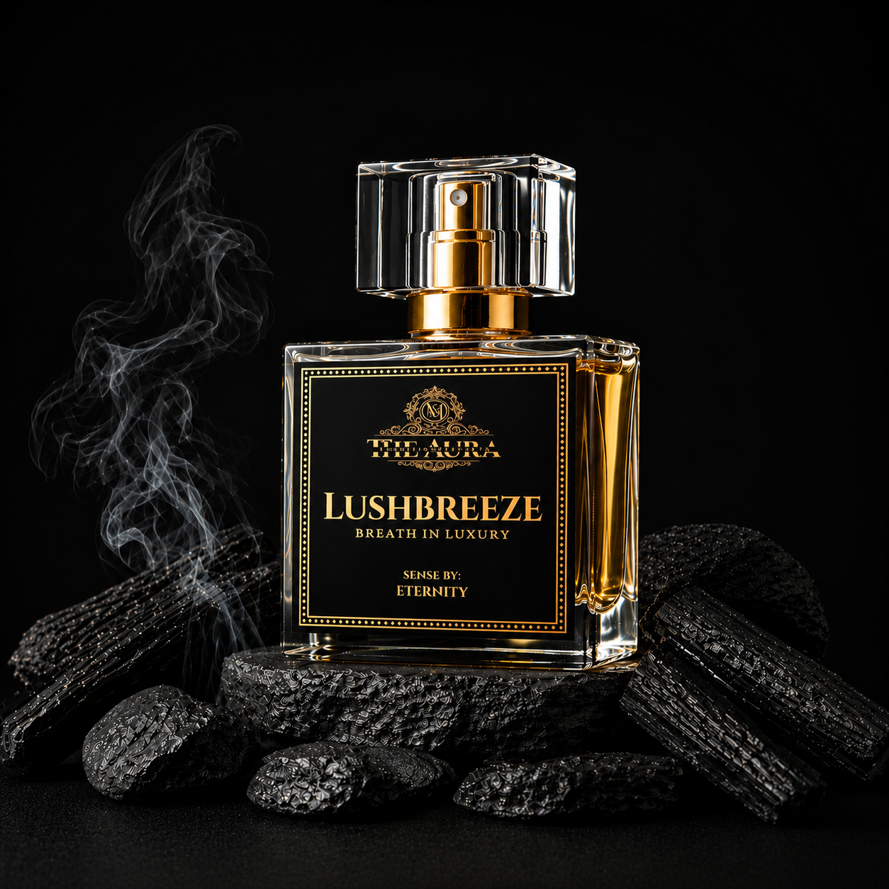 Perfume bottle labeled 'Lushbreeze' with decorative elements on a dark background