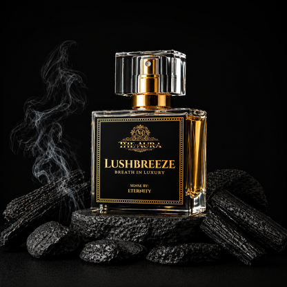Perfume bottle labeled 'Lushbreeze' with decorative elements on a dark background