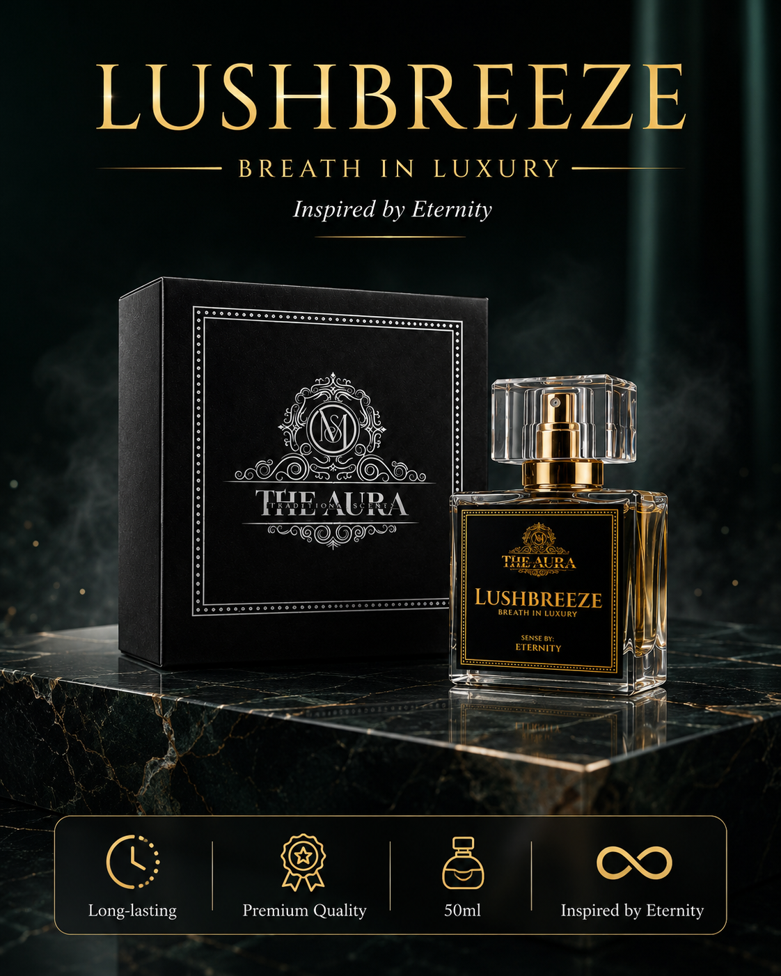 Lushbreeze perfume bottle and packaging on a dark marble surface with brand name and product details.