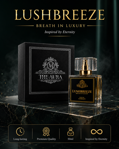 Lushbreeze perfume bottle and packaging on a dark marble surface with brand name and product details.