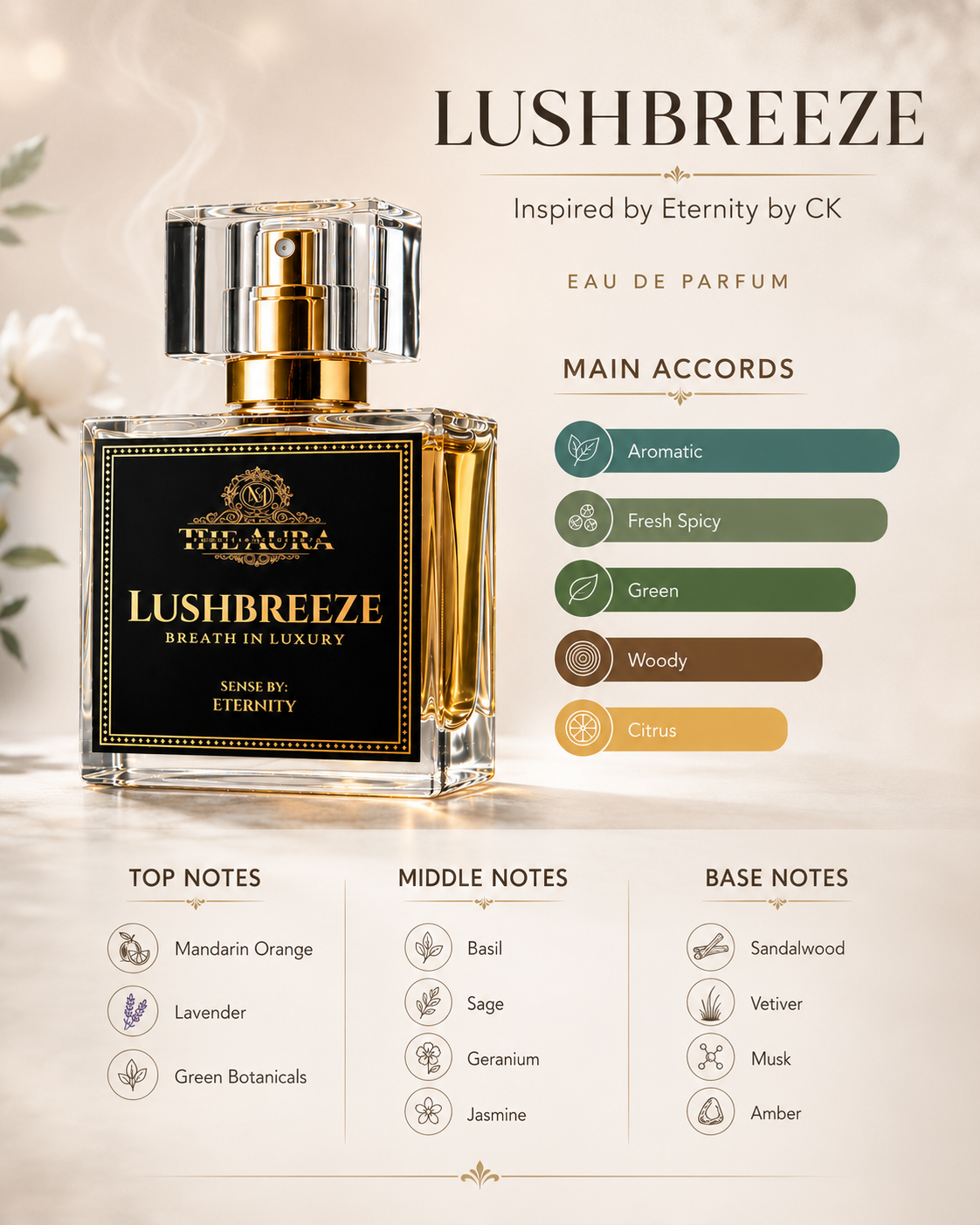 Lushbreeze Eau de Parfum bottle with flavor profile on a beige background