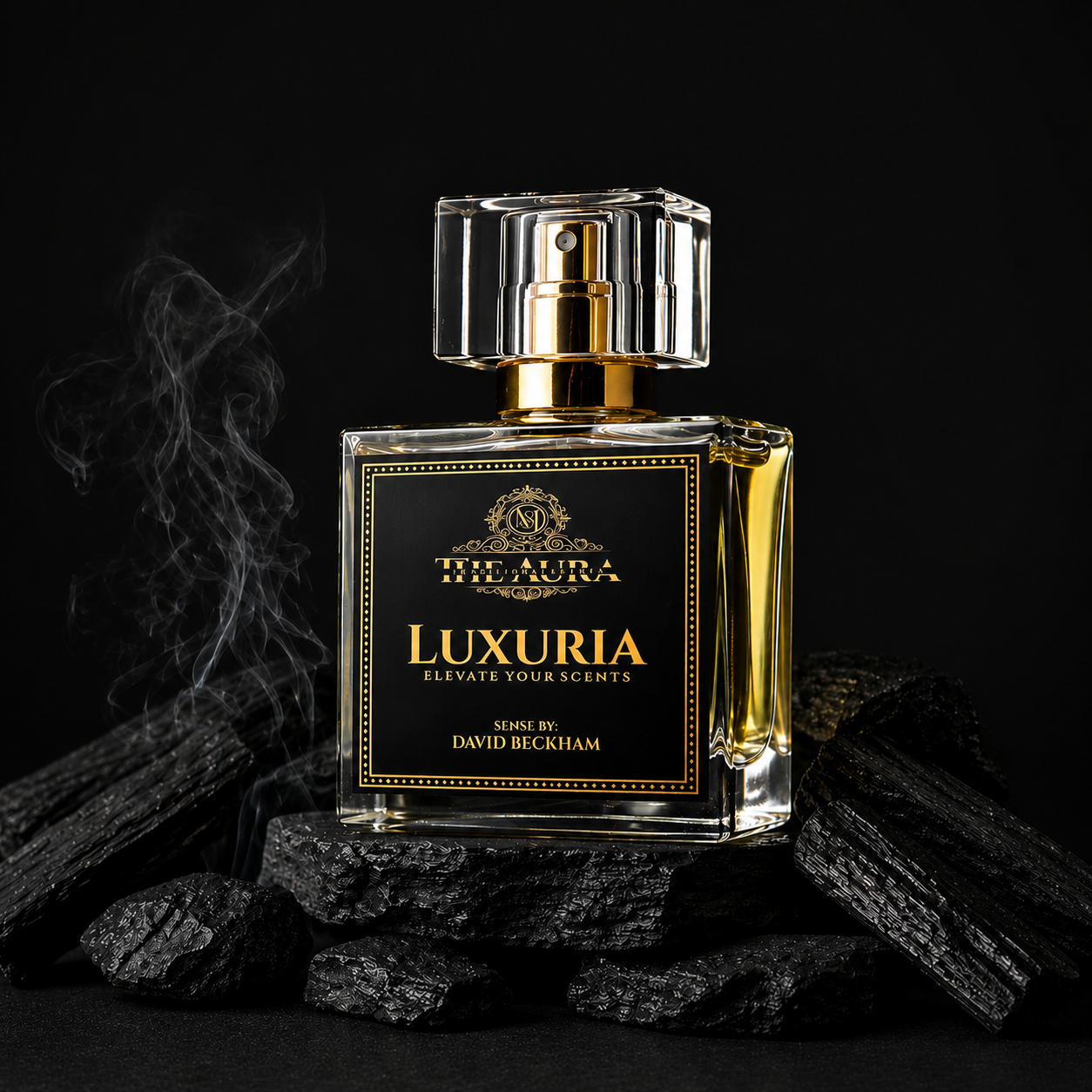 Luxury perfume bottle labeled 'Luxuria' by David Beckham on a dark background with smoke effect.