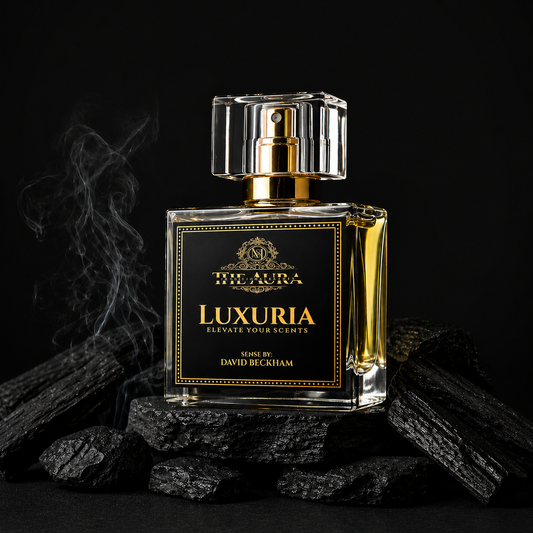Luxury perfume bottle labeled 'Luxuria' by David Beckham on a dark background with smoke effect.