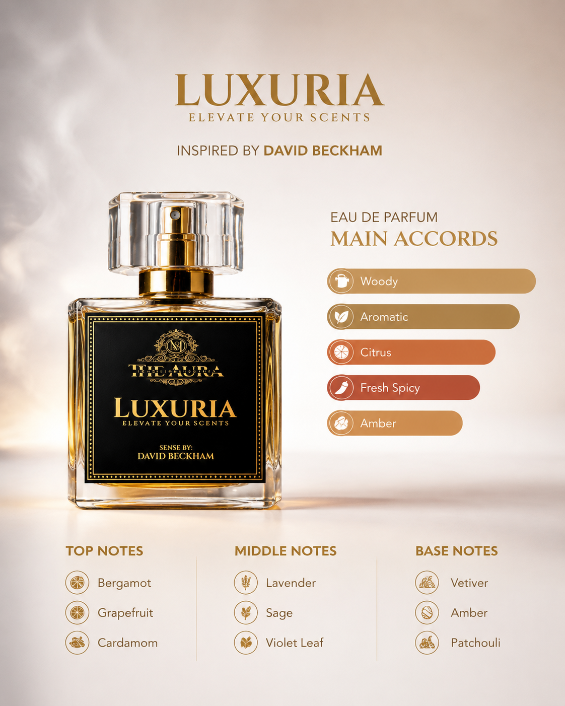 Luxuria perfume bottle with product details on a light background